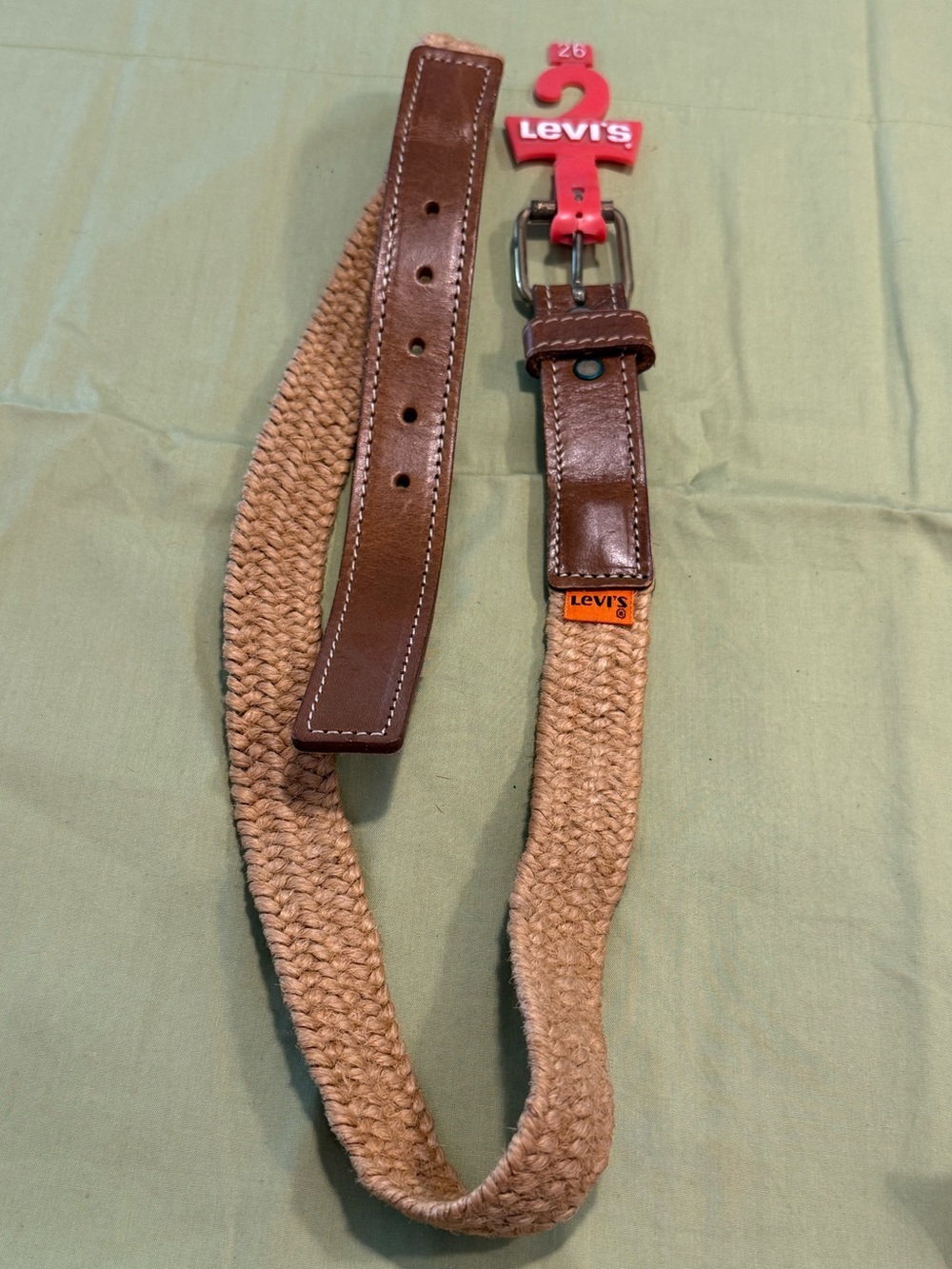 Levi’s unisex tan braided rope & brown leather adjustable belt SZ 26”